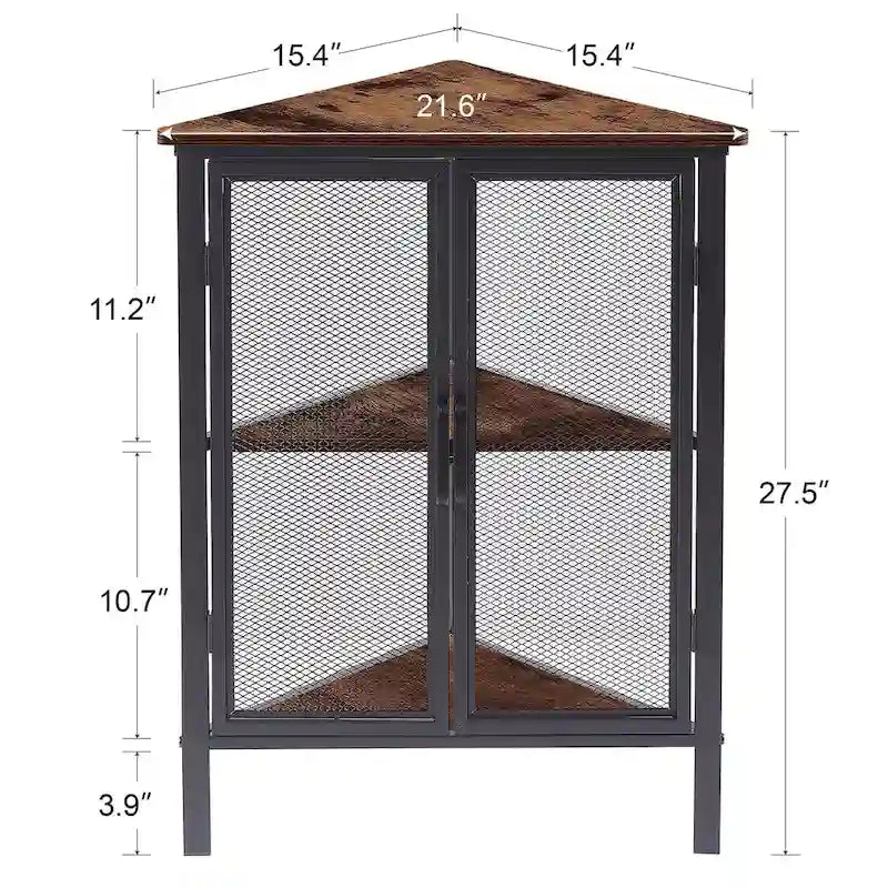 Table d'angle triangulaire de style industriel avec armoire de rangement à double porte et à 3 niveaux