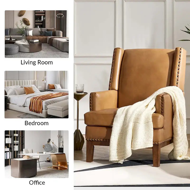 Fauteuil Lourdes en cuir véritable avec structure en bois massif et coussin d'assise amovible par HULALA HOME