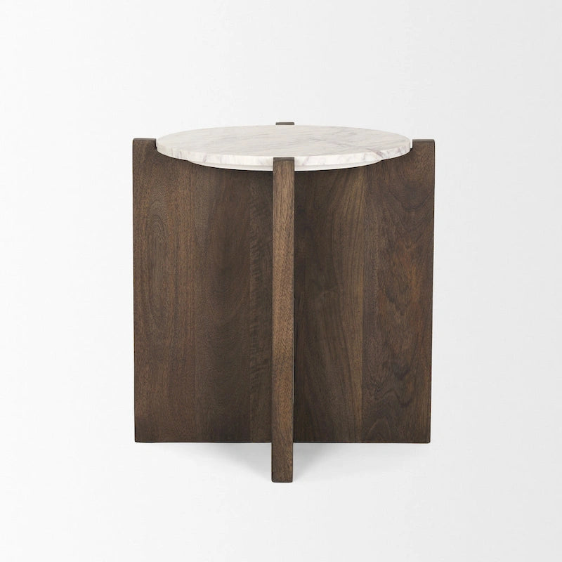 Table d'appoint ronde Bianca en bois brun foncé avec marbre - 56 cm (L) x 56 cm (l) x 56 cm (H)