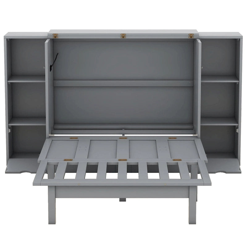 Lit escamotable Queen Size avec étagères, tiroirs et ports USB, gris