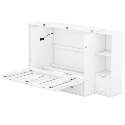 Lit escamotable Queen Size avec étagères, tiroirs et ports USB, gris