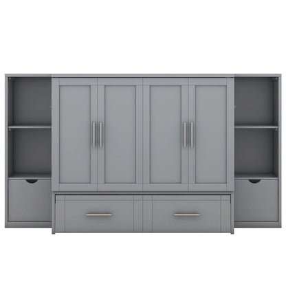 Lit escamotable Queen Size avec étagères, tiroirs et ports USB, gris