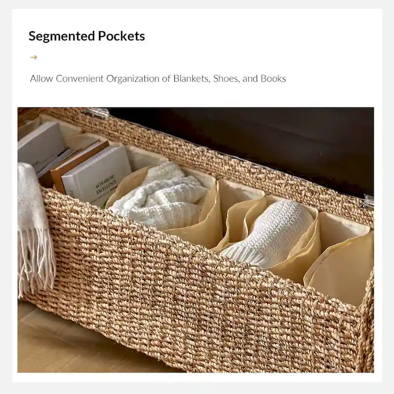 Banc de rangement en rotin style ferme bohème Bab, orné de motifs ajourés, par HULALA HOME