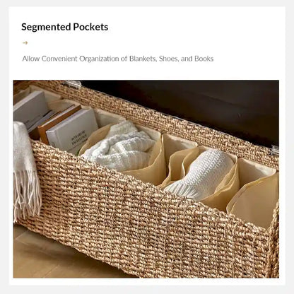 Banc de rangement en rotin style ferme bohème Bab, orné de motifs ajourés, par HULALA HOME