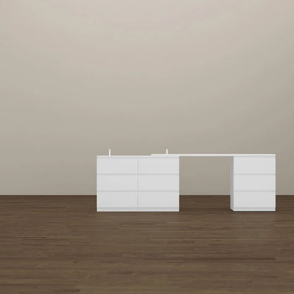 Bureau extensible et convertible avec un grand espace de rangement pour les tiroirs.