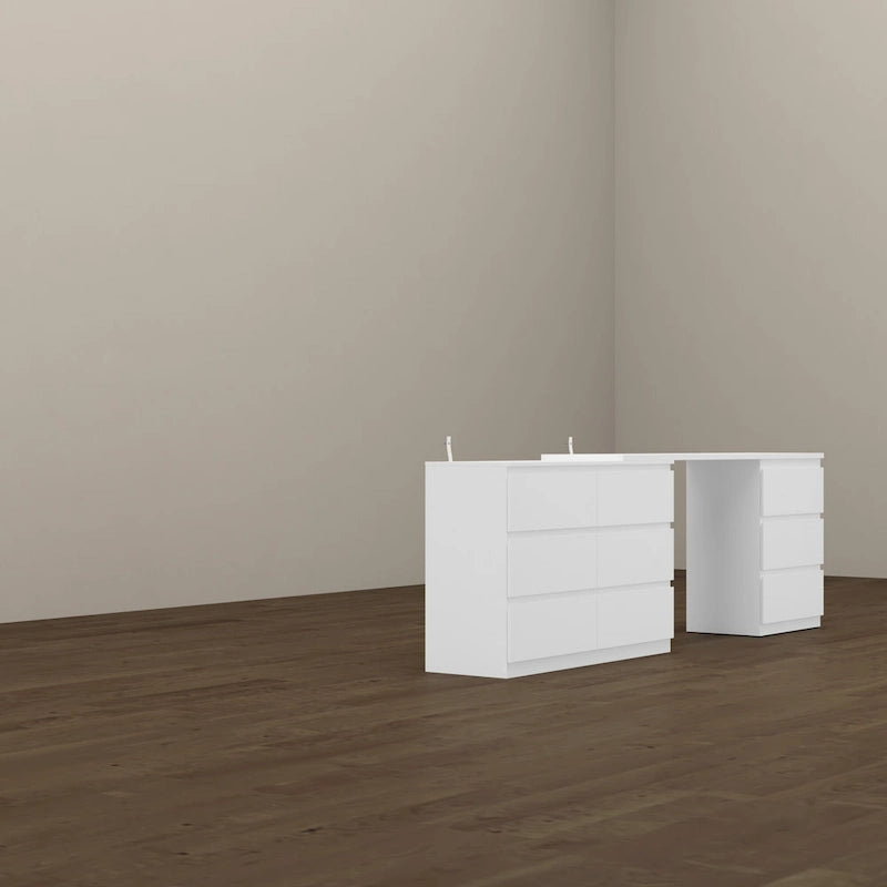 Bureau extensible et convertible avec un grand espace de rangement pour les tiroirs.