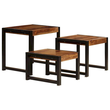 Ensemble de 3 tables gigognes vidaXL, bois de sheesham, structures en acier noir