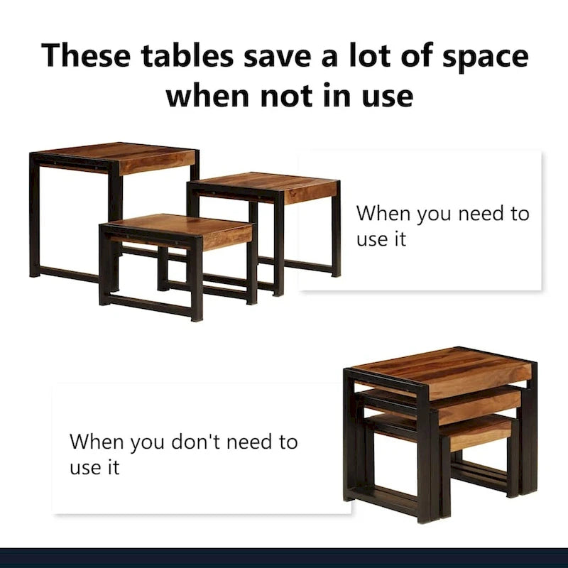 Ensemble de 3 tables gigognes vidaXL, bois de sheesham, structures en acier noir
