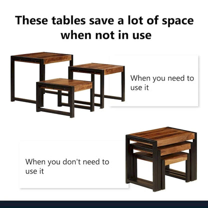Ensemble de 3 tables gigognes vidaXL, bois de sheesham, structures en acier noir