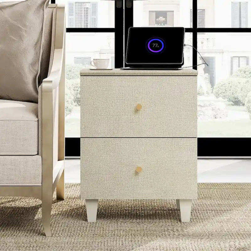 WAMPAT End Table with Charging Station and 2 Drawer for Living Room
