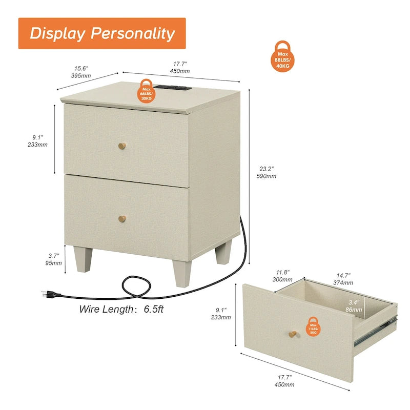 Table d'appoint WAMPAT avec station de recharge et 2 tiroirs pour salon