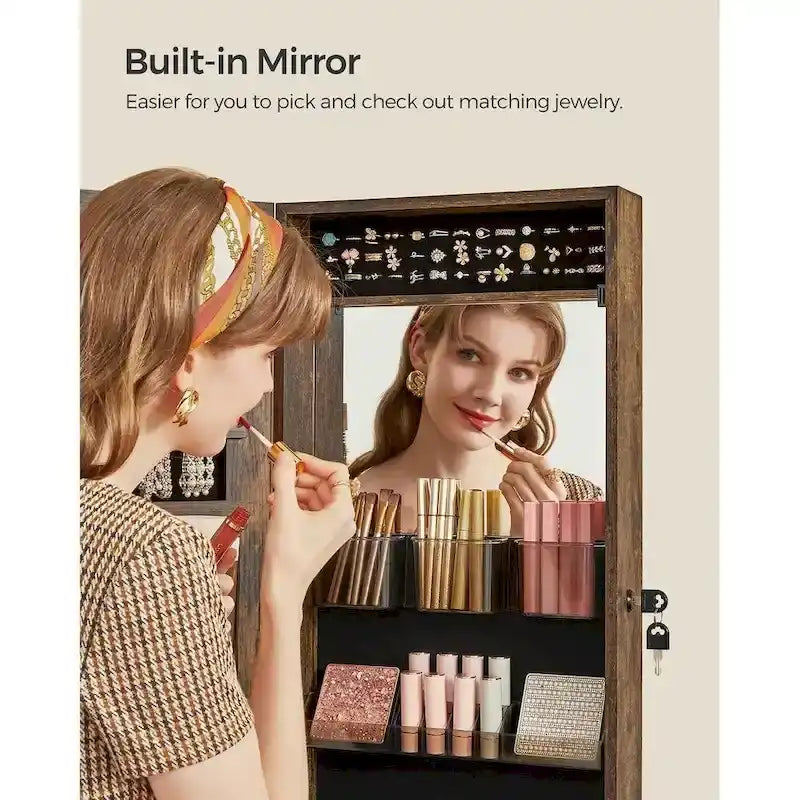 Armoire à bijoux verrouillable en bois blanc avec miroir - 14,8 cm (L) x 3,8 cm (l) x 42,5 cm (H)