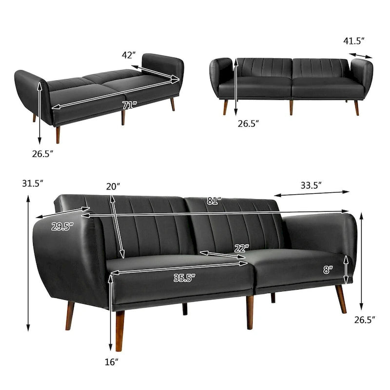Canapé-lit futon convertible en cuir PU, réglable, avec pieds en bois - 81 x 33,5 x 31,5 (L x l x H)