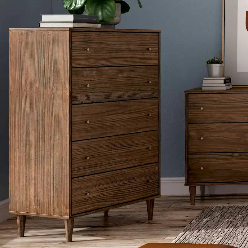 Commode rustique de style campagnard, milieu du siècle, à 5 tiroirs