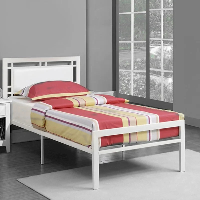 Metal Frame Full Bed with Leather Upholstered Headboard White