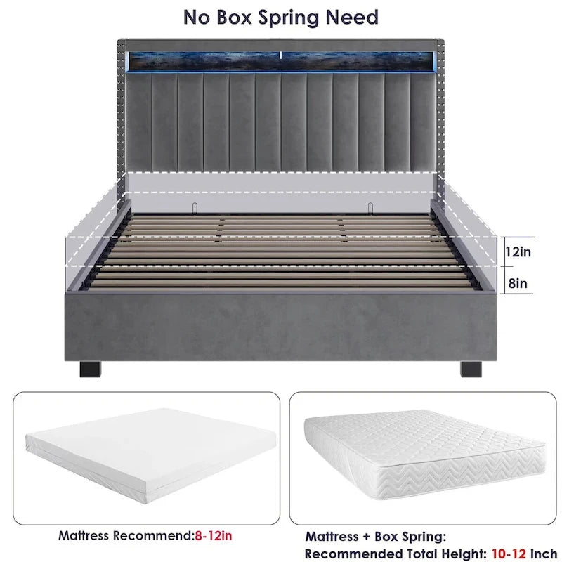Lit coffre à vérins à gaz Queen Size avec éclairage LED RF, tête de lit de rangement, velours Queen Size