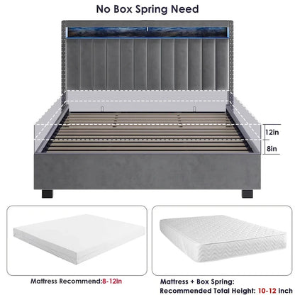 Lit coffre à vérins à gaz Queen Size avec éclairage LED RF, tête de lit de rangement, velours Queen Size