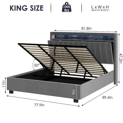 Lit coffre à vérins à gaz Queen Size avec éclairage LED RF, tête de lit de rangement, velours Queen Size
