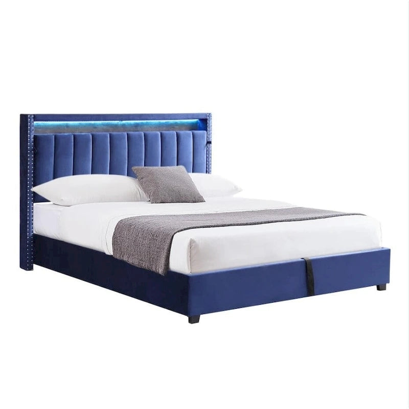 Lit coffre à vérins à gaz Queen Size avec éclairage LED RF, tête de lit de rangement, velours Queen Size