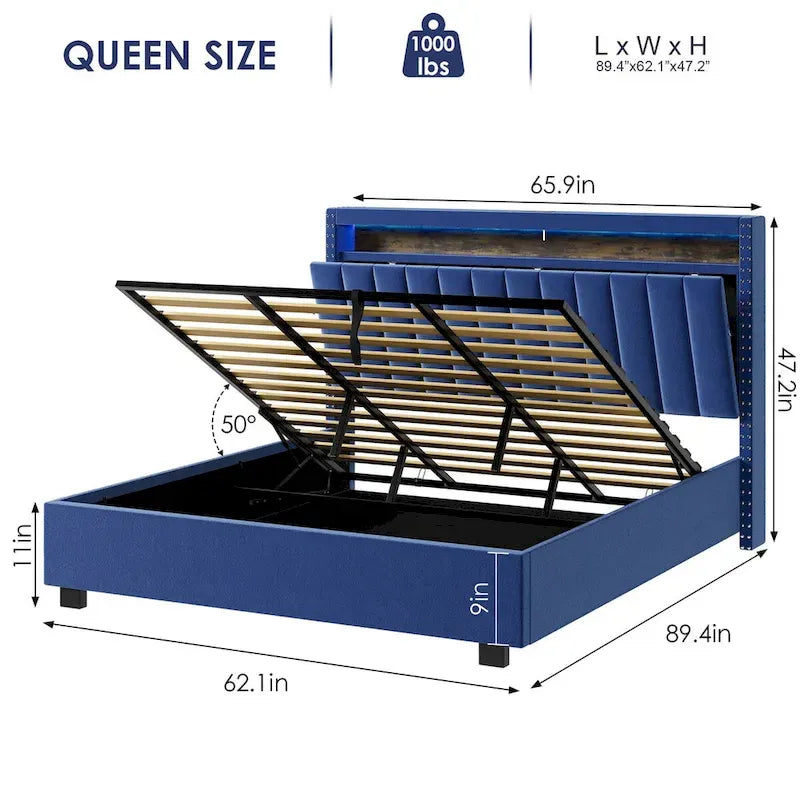 Lit coffre à vérins à gaz Queen Size avec éclairage LED RF, tête de lit de rangement, velours Queen Size