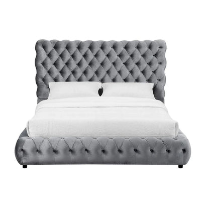 Lit James King Size, style plateforme, revêtement en velours gris capitonné
