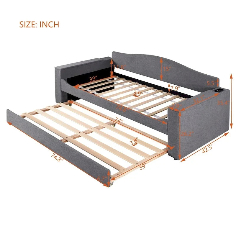 Lit de jour en polaire UTeddy pour lit simple avec accoudoirs de rangement et lit gigogne