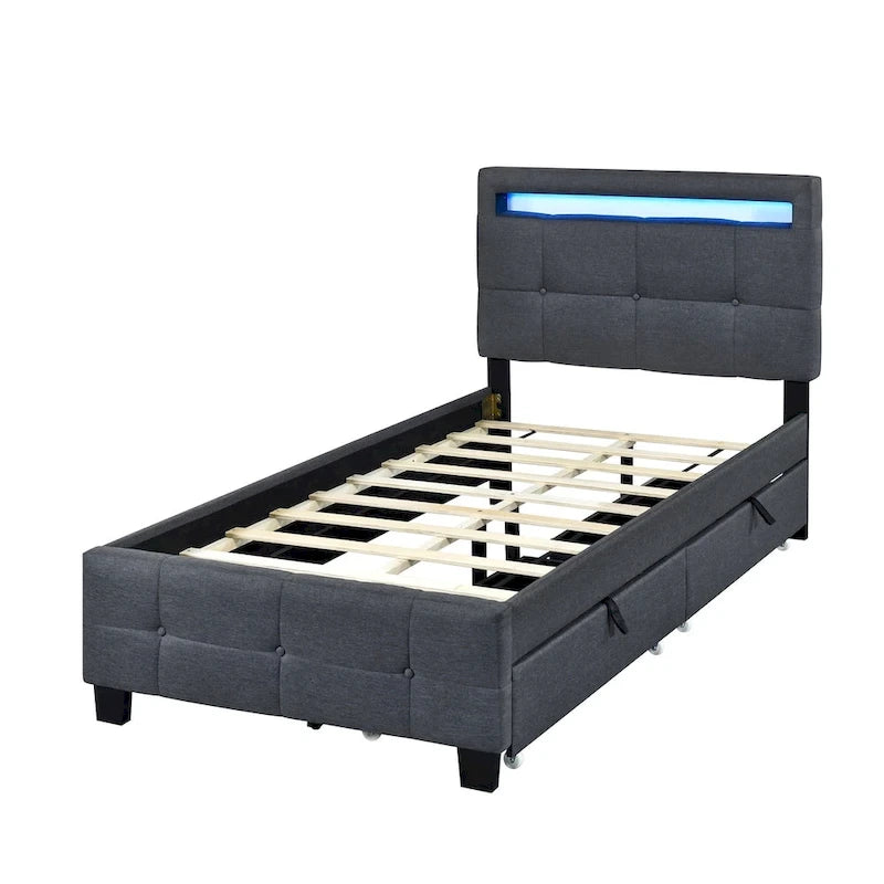 Lit plateforme rembourré deux places avec cadre LED et 2 tiroirs