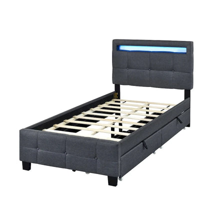Lit plateforme rembourré deux places avec cadre LED et 2 tiroirs