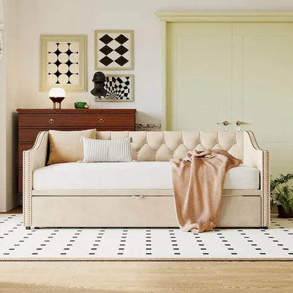 Lit de jour rembourré deux places avec lit gigogne escamotable