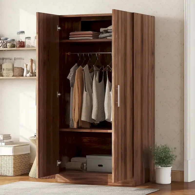 Armoire-penderie en bois à 2 portes avec 3 étagères de rangement, marron (Date d'arrivée prévue : 21/06)