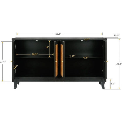 Buffet en rotin de qualité supérieure, fabriqué artisanalement par Roomfitters, avec 4 portes en rotin.