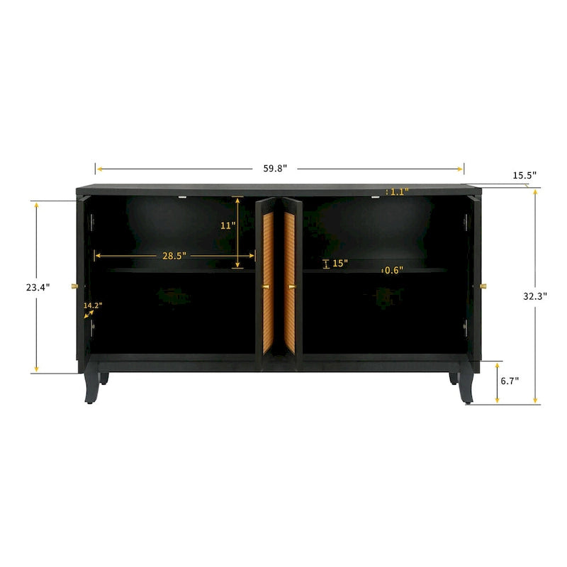 Buffet en rotin de qualité supérieure, fabriqué artisanalement par Roomfitters, avec 4 portes en rotin.