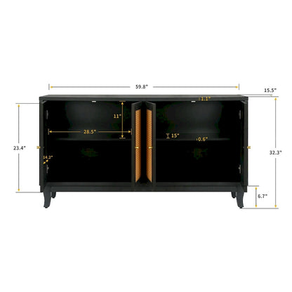 Buffet en rotin de qualité supérieure, fabriqué artisanalement par Roomfitters, avec 4 portes en rotin.