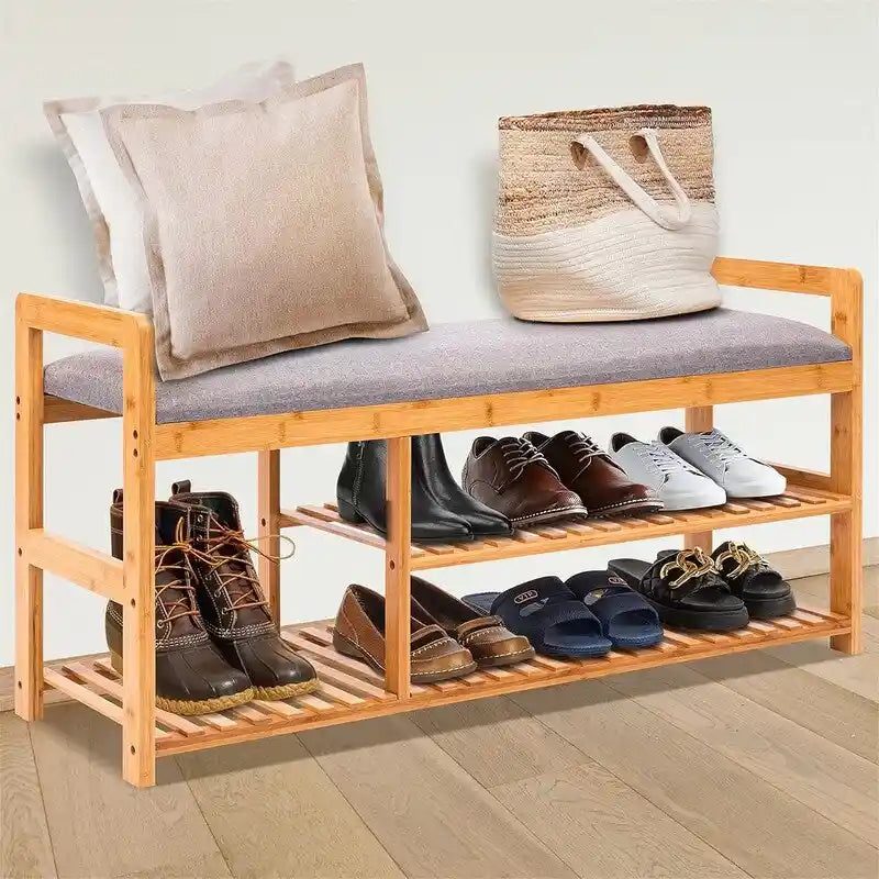 Banc-étagère à chaussures en bambou 2 en 1 - 40 cm (P) x 20 cm (L) x 13 cm (H)