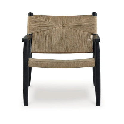 Fauteuil d'appoint, jute brun naturel, assise incurvée, structure moderne en bois noir