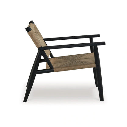 Fauteuil d'appoint, jute brun naturel, assise incurvée, structure moderne en bois noir