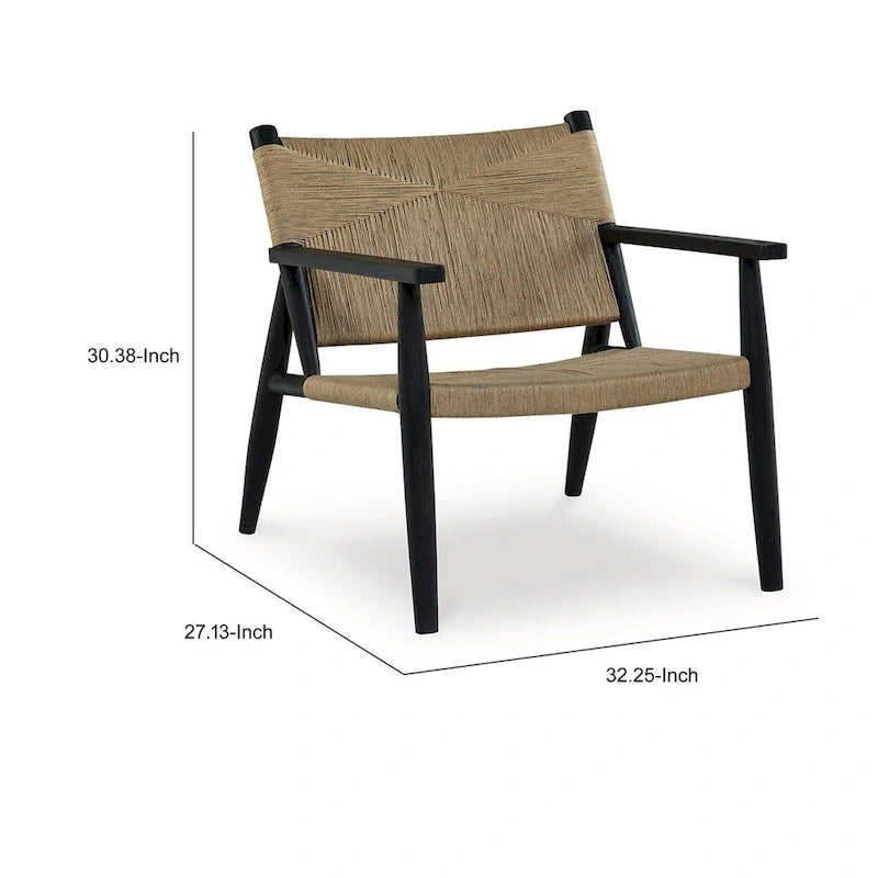 Fauteuil d'appoint, jute brun naturel, assise incurvée, structure moderne en bois noir