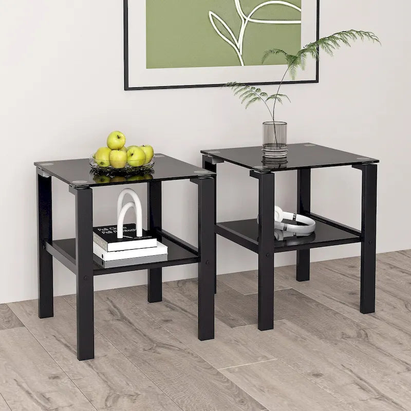 Lot de 2 tables basses rondes en verre à deux niveaux, idéales pour un coin chambre ou un salon. Couleur : noir.