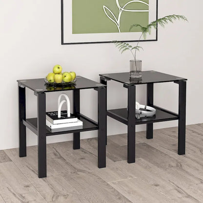 Lot de 2 tables basses rondes en verre à deux niveaux, idéales pour un coin chambre ou un salon. Couleur : noir.