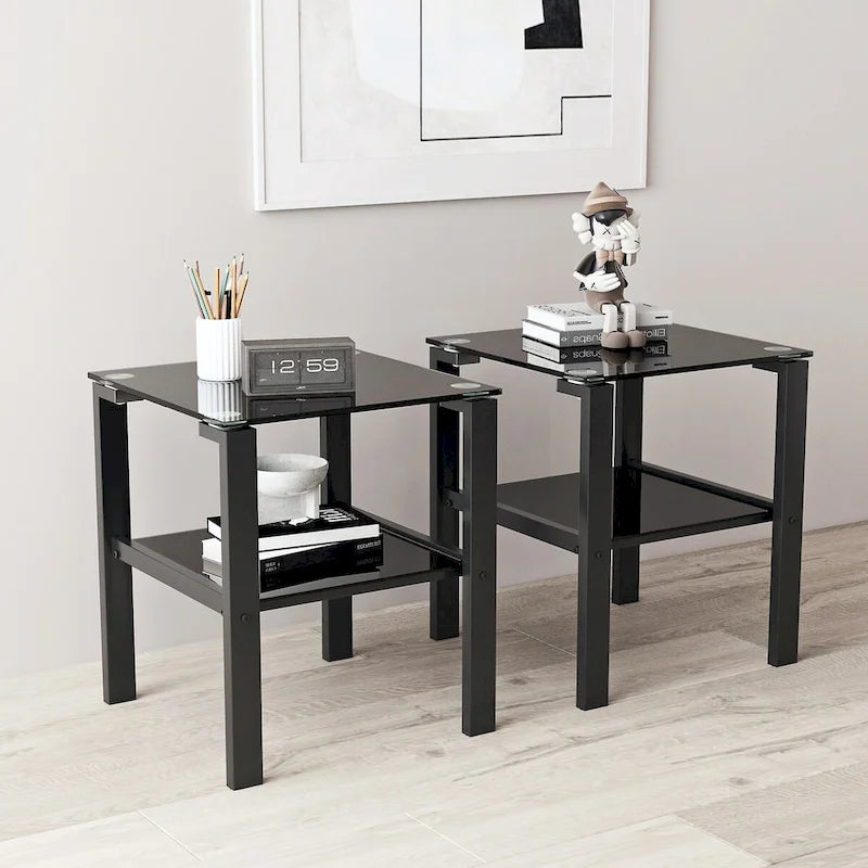 Lot de 2 tables basses rondes en verre à deux niveaux, idéales pour un coin chambre ou un salon. Couleur : noir.