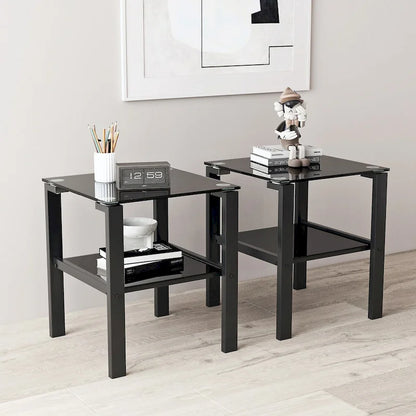 Lot de 2 tables basses rondes en verre à deux niveaux, idéales pour un coin chambre ou un salon. Couleur : noir.