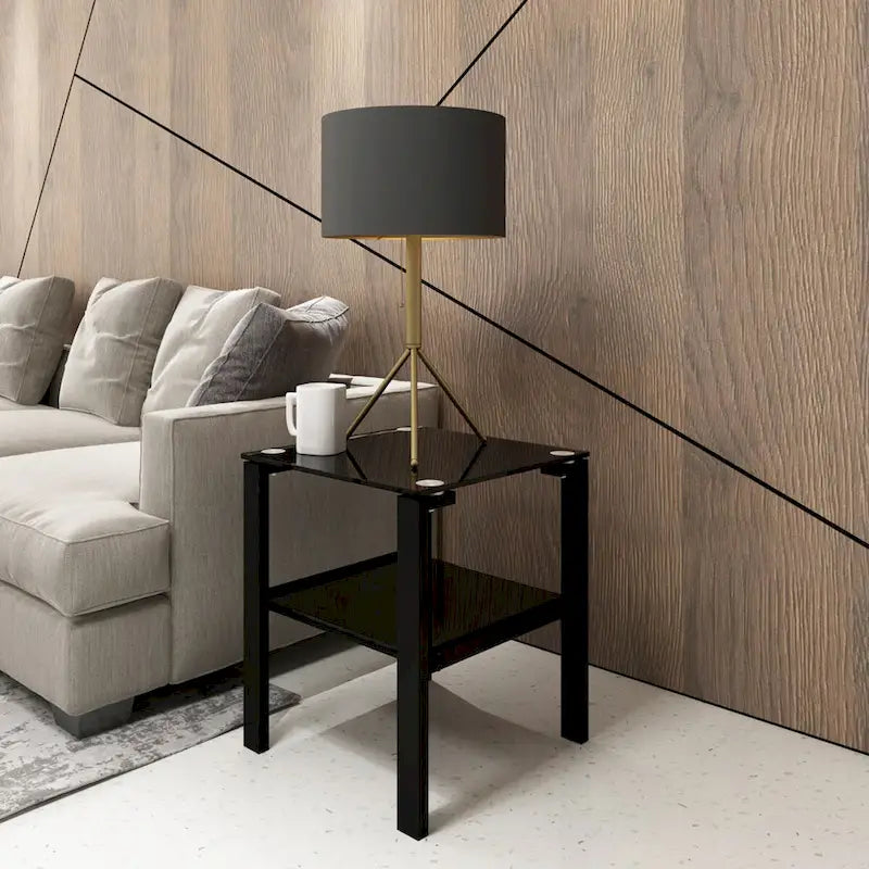 Lot de 2 tables basses rondes en verre à deux niveaux, idéales pour un coin chambre ou un salon. Couleur : noir.