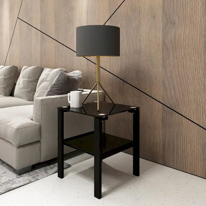 Lot de 2 tables basses rondes en verre à deux niveaux, idéales pour un coin chambre ou un salon. Couleur : noir.