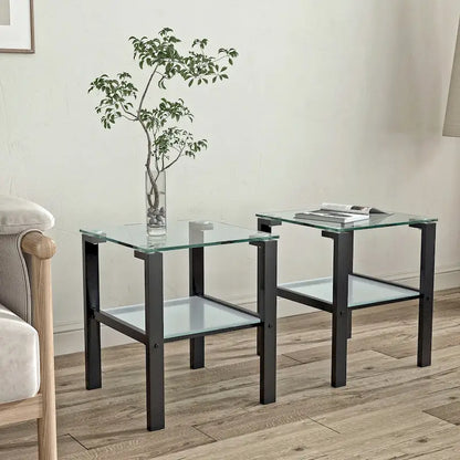 Lot de 2 tables basses rondes en verre à deux niveaux, idéales pour un coin chambre ou un salon. Couleur : noir.