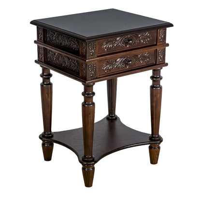 2 Drawer End Table with Intricate Carvings and Open Bottom Shelf, Brown