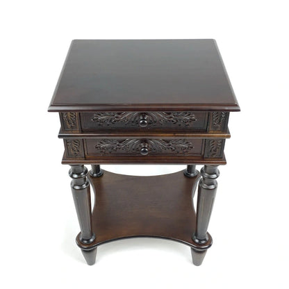 Table d'appoint à 2 tiroirs avec sculptures raffinées et étagère inférieure ouverte, marron