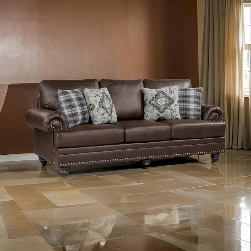 Jade 98 Inch Sofa, Rich Brown Microfiber, 4 Pillows, Soft Cushions, Wood