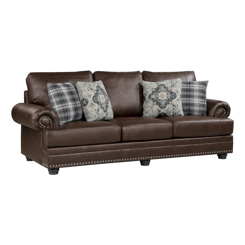 Canapé Jade 250 cm, microfibre marron foncé, 4 coussins moelleux, bois