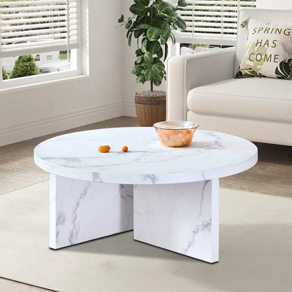Table basse ronde moderne et élégante en bois avec plateau en placage imitation marbre