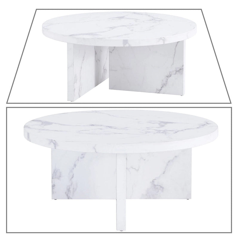 Table basse ronde moderne et élégante en bois avec plateau en placage imitation marbre